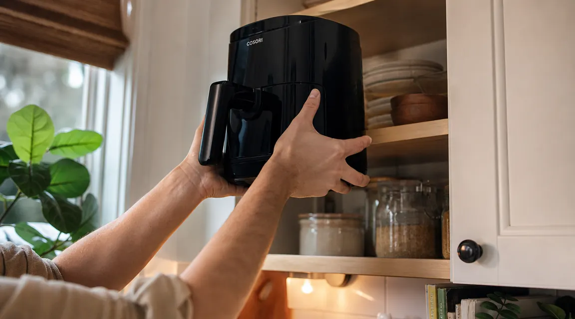 Person storing a compact air fryer on a shelf above the counter in a small apartment kitchen