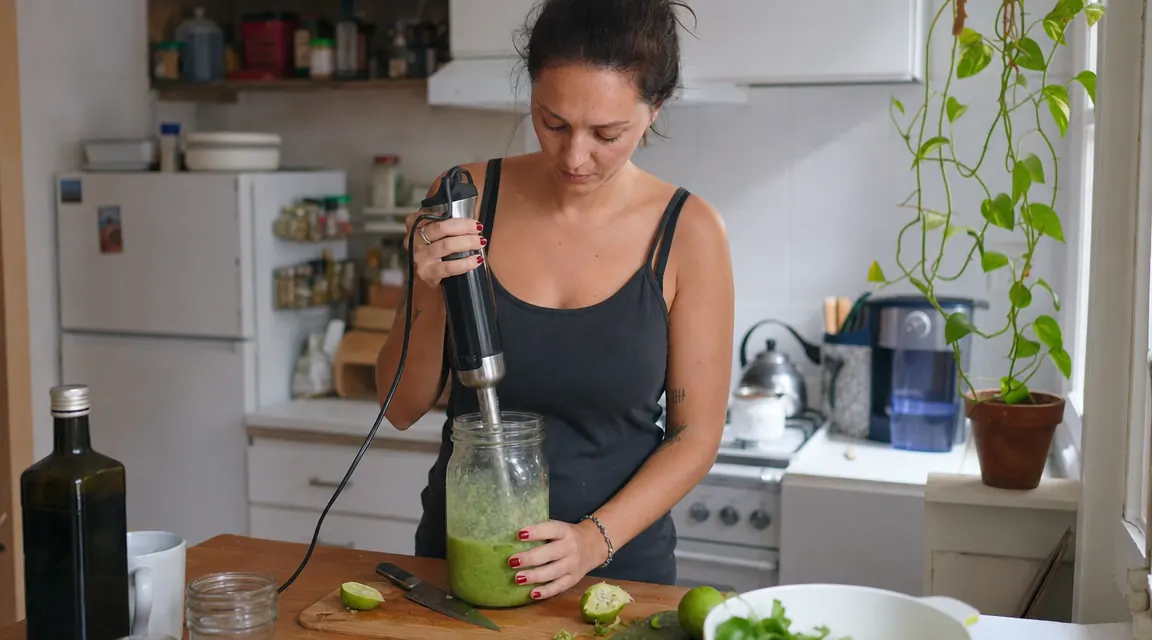Smoothie being blended directly in a wide-mouth mason jar using an immersion blender on a small kitchen counter