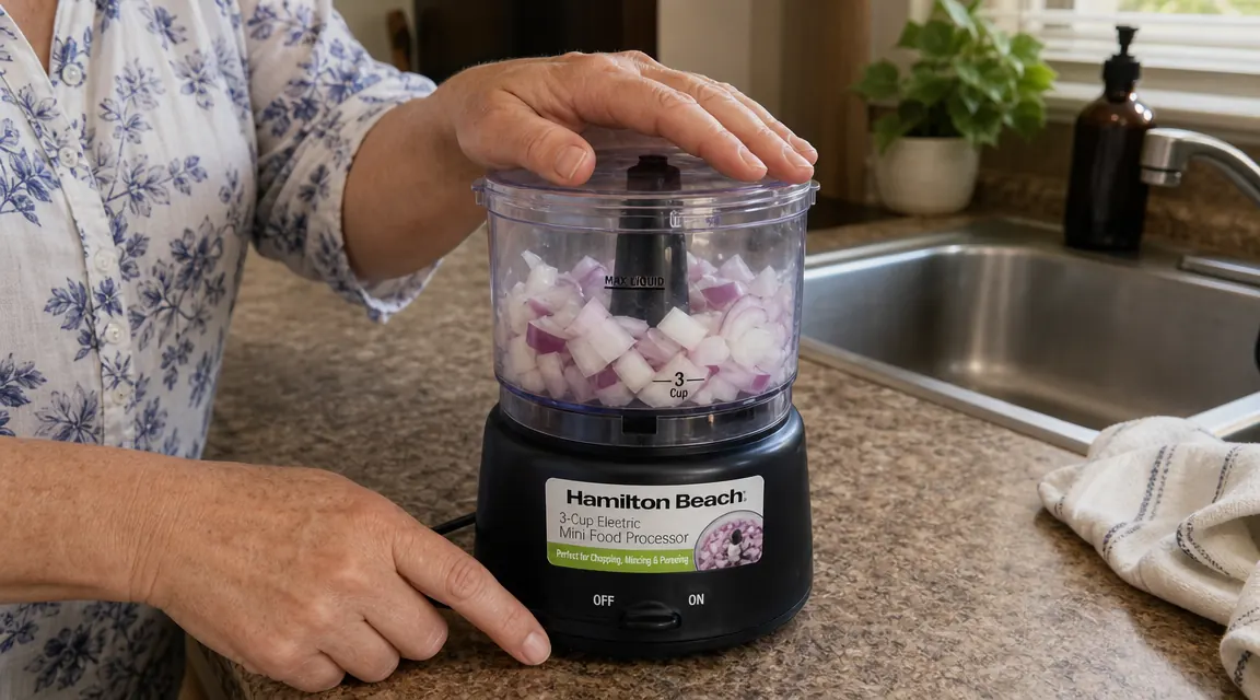 Hand pressing the lid down on a Hamilton Beach mini food processor to chop onions