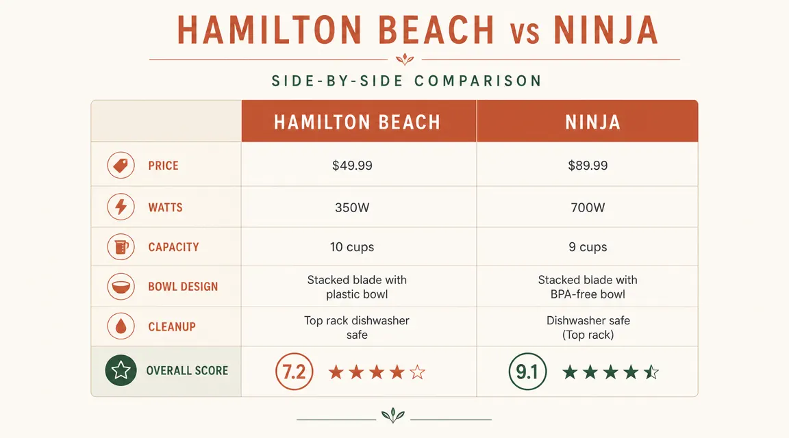 Comparison chart showing Hamilton Beach vs Ninja food chopper across price, wattage, capacity, and cleanup score