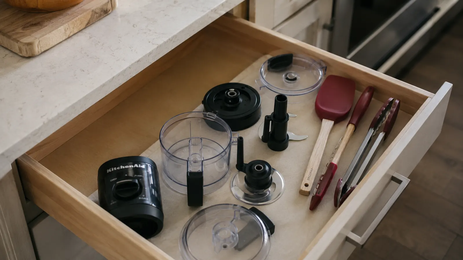 Hamilton Beach mini processor sitting in a kitchen drawer next to utensils, showing how compact it stores