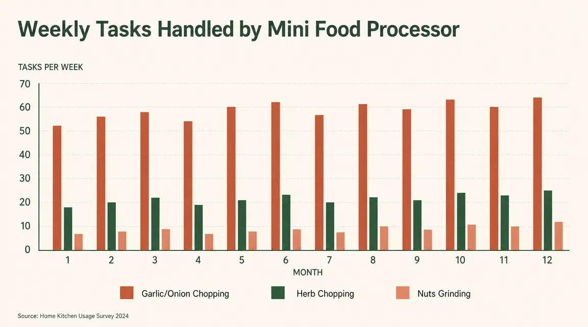 Chart showing tasks completed per week with a mini food processor over 12 months of apartment cooking