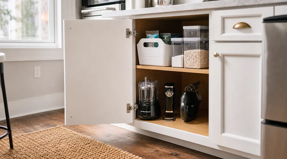 Mini food processor stored upright in a kitchen cabinet next to other compact appliances