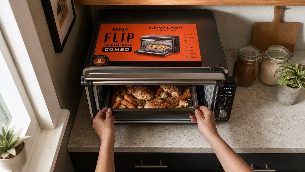 Hands placing a small roasting pan into the Ninja Flip Toaster Oven, door flipped up rather than swinging out