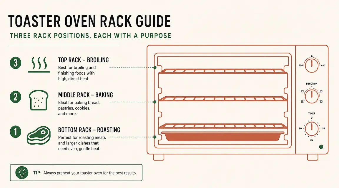 Rack position diagram for a compact toaster oven showing low, middle, and high positions with icons for roasting, baking, and broiling