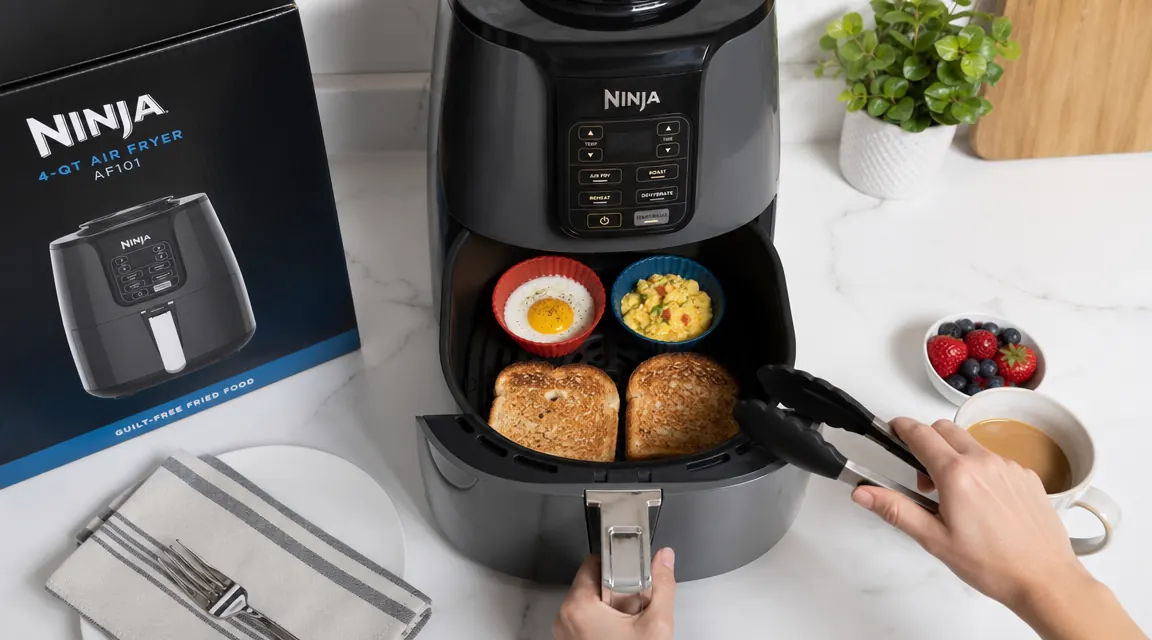 Small air fryer basket with eggs in silicone cups and toast triangles arranged around them