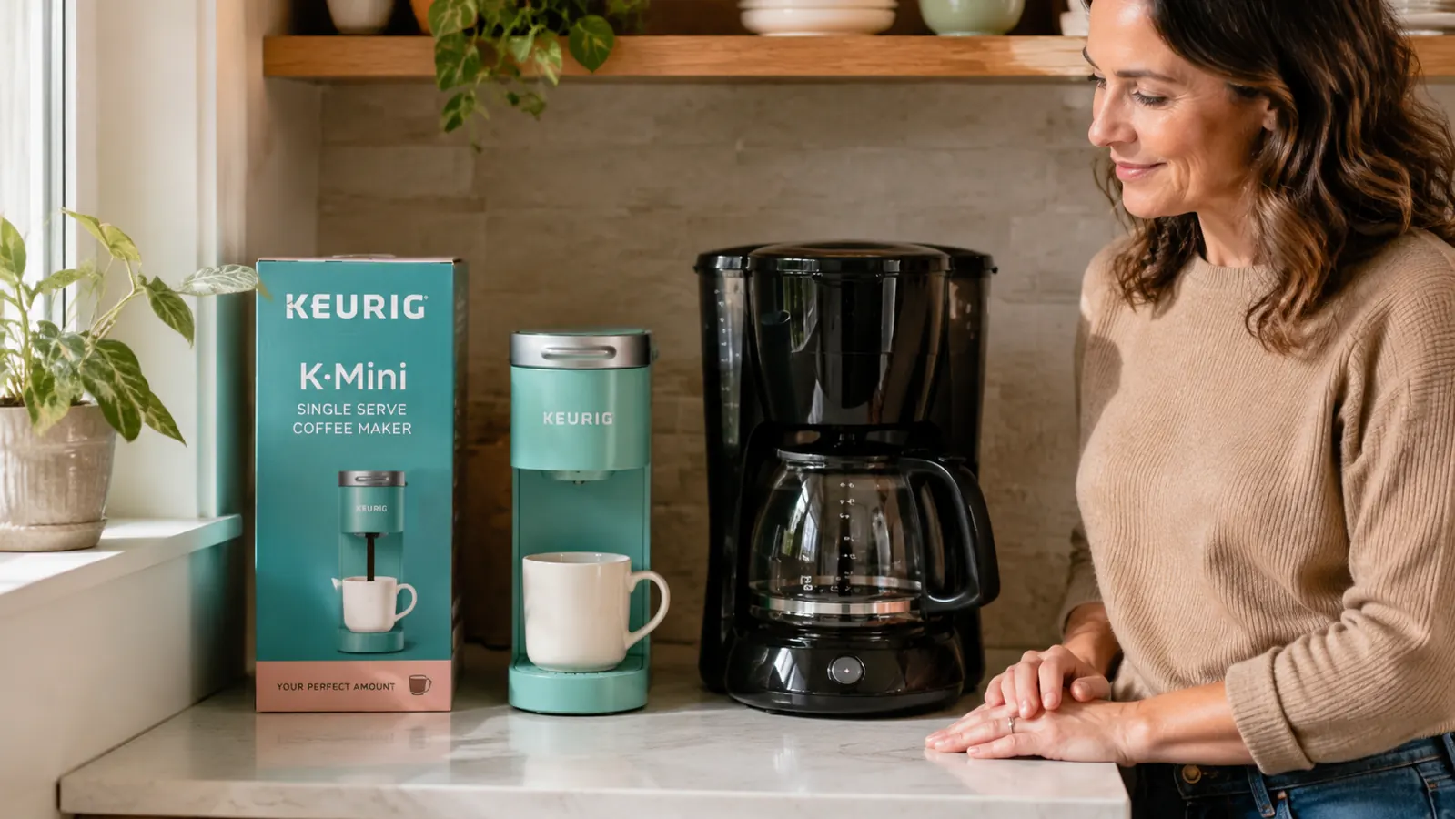 Keurig K-Mini next to a standard full-size drip coffee maker showing the dramatic size difference