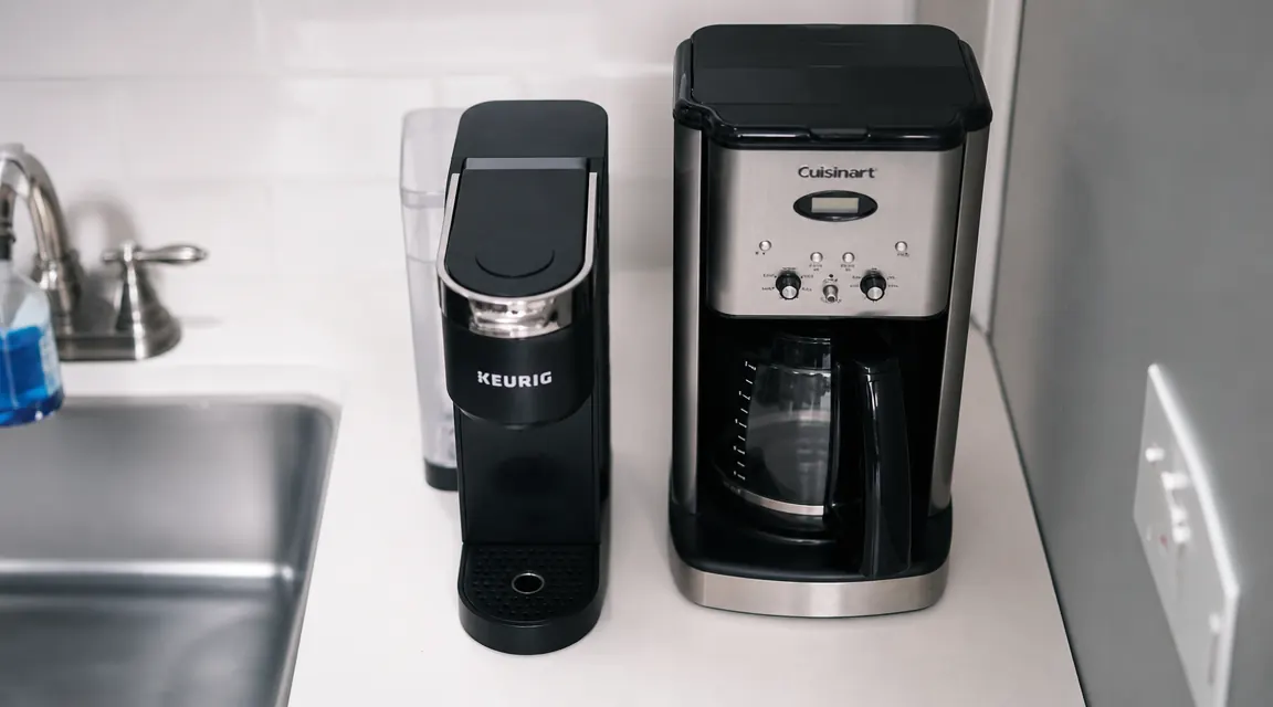 Side-by-side width comparison of the Keurig K-Mini and a standard drip coffee maker on a small counter
