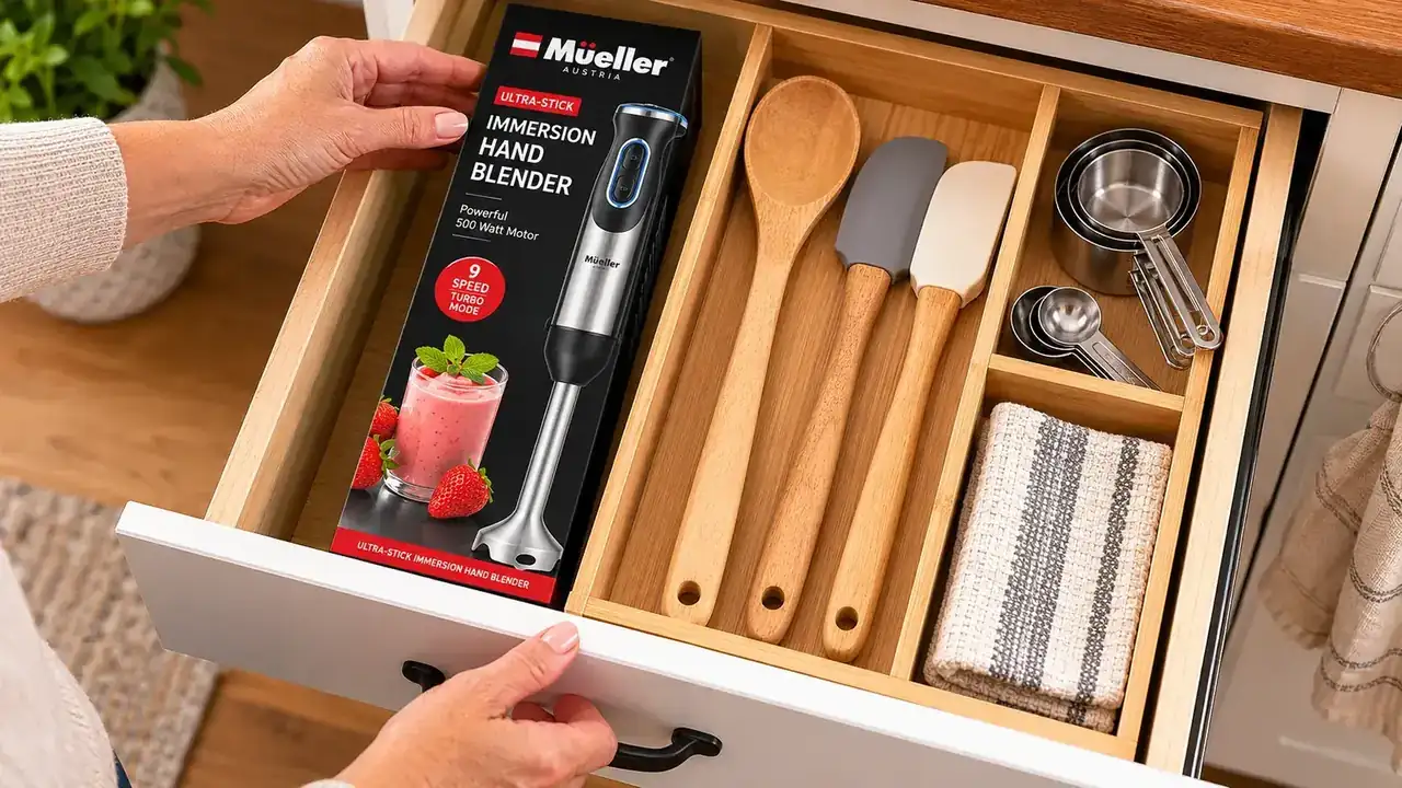 Mueller immersion blender lying in a utensil drawer next to spatulas and a wooden spoon