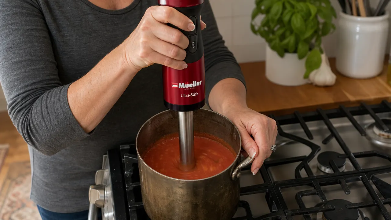 Hand holding Mueller immersion blender submerged in a deep narrow pot of tomato soup, blending at an angle