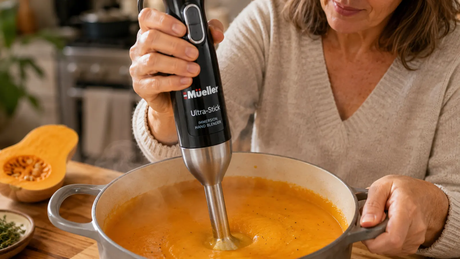 Hand holding Mueller immersion blender submerged in a pot of butternut squash soup, showing the blending head at work