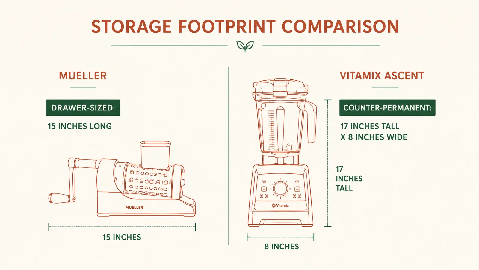 Side-by-side footprint comparison chart showing Mueller immersion blender drawer storage versus Vitamix Ascent counter footprint