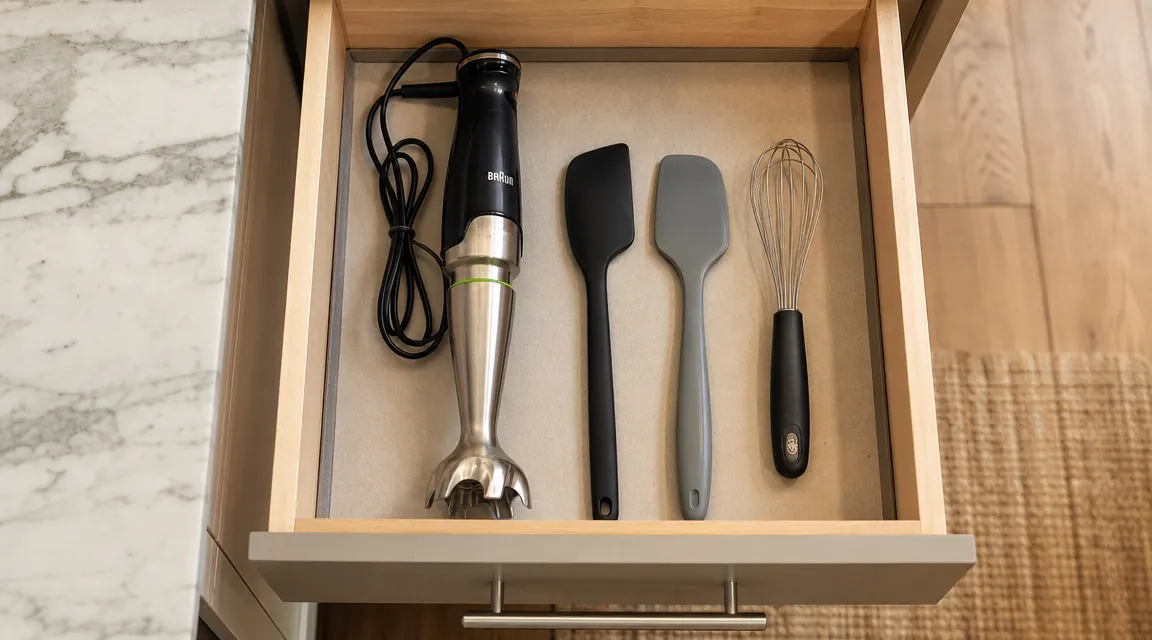 Compact kitchen drawer open showing an immersion blender stored flat alongside other utensils
