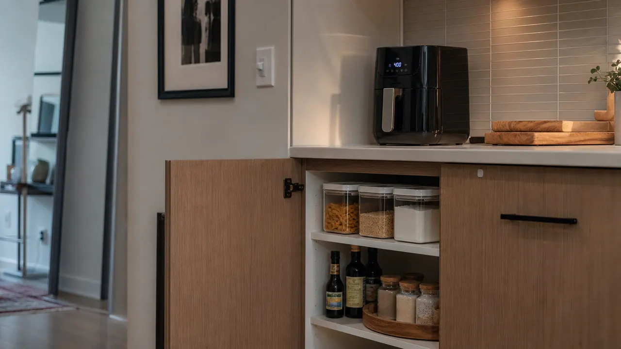 Cleared kitchen counter with open cabinet space visible and a single air fryer as the only appliance