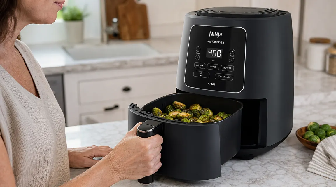 Hand pulling out the Ninja air fryer basket loaded with golden-brown brussels sprouts