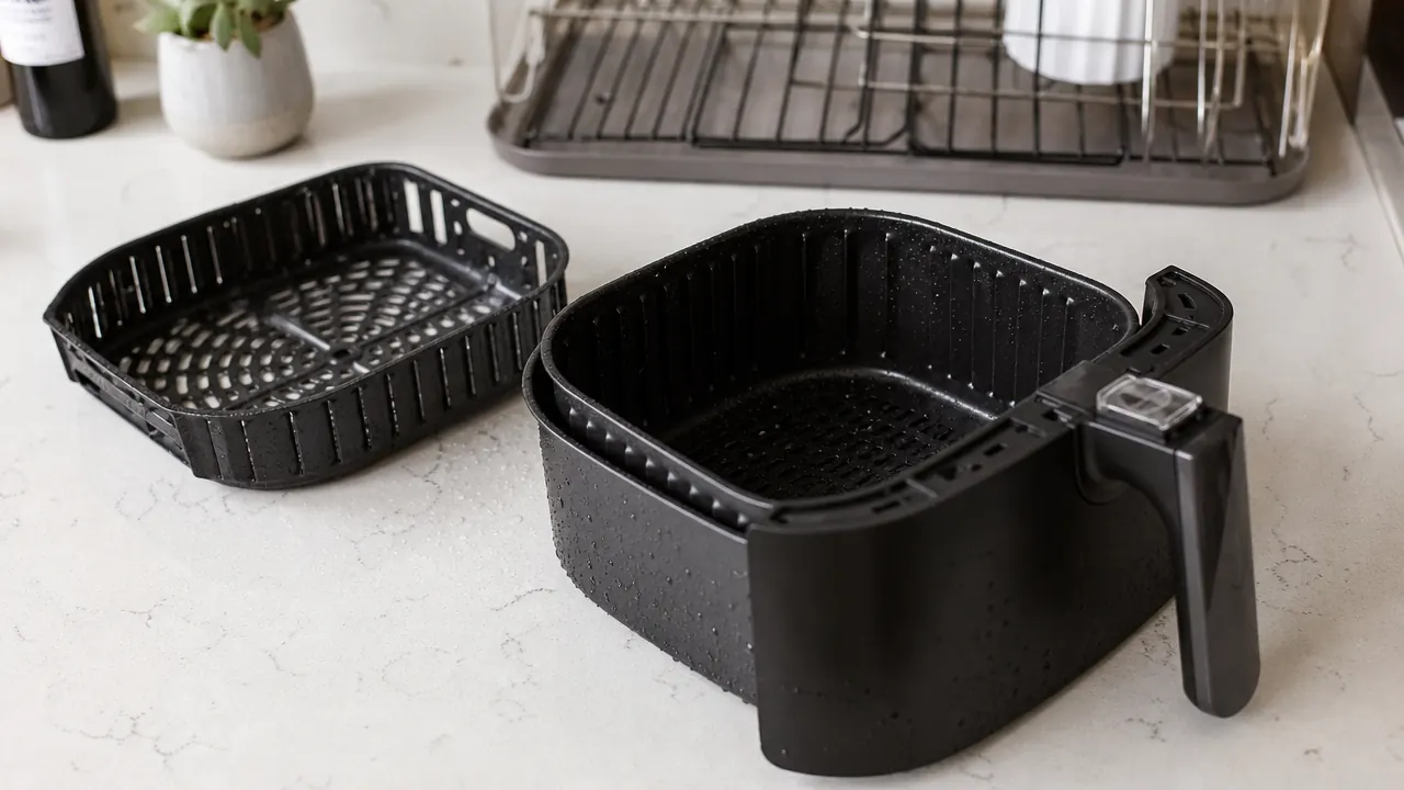Ninja air fryer basket and grate separated on a counter next to a dishwasher rack, showing easy cleanup