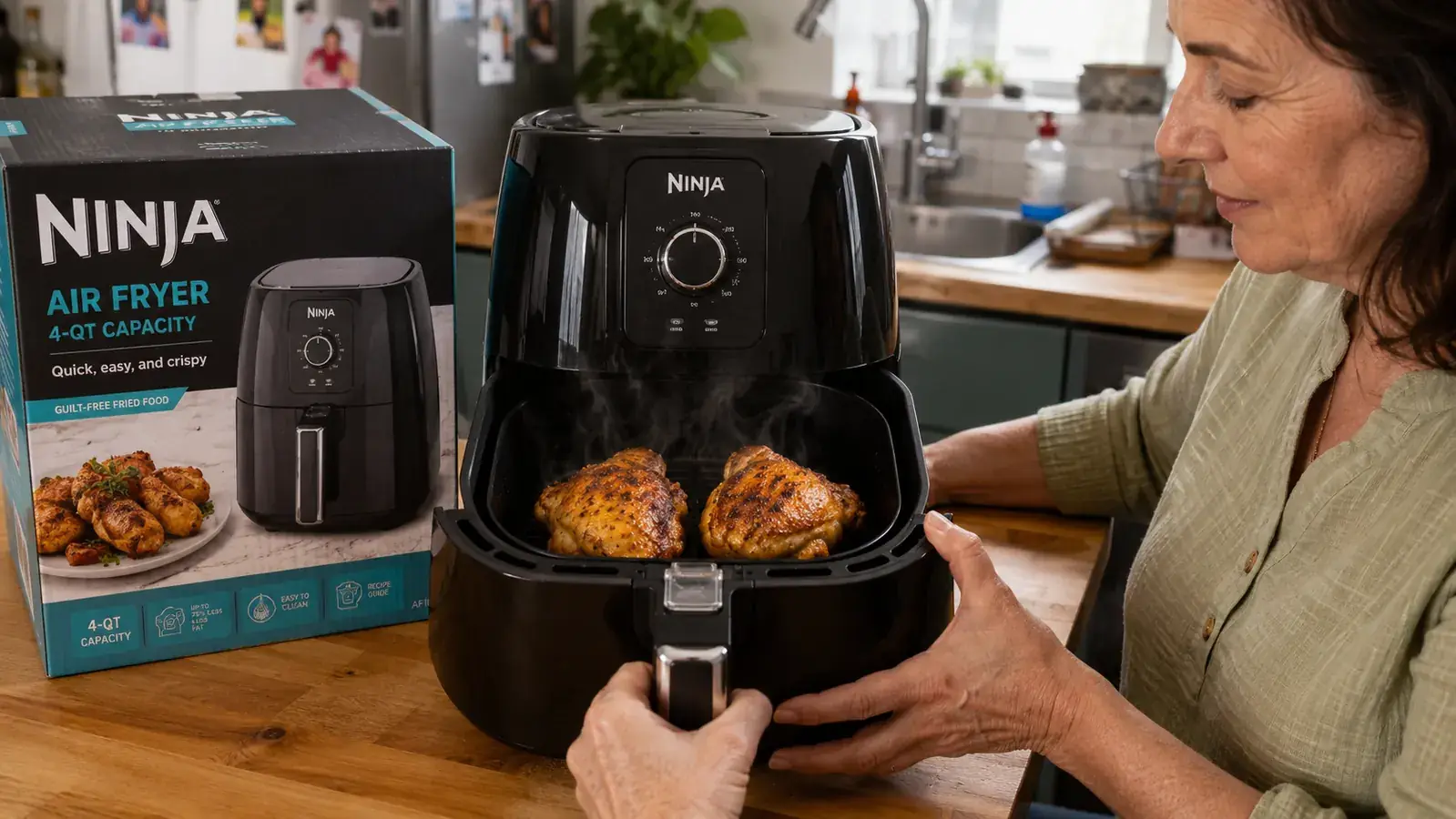 Crispy chicken thighs fresh from the Ninja air fryer plated on a small wooden board