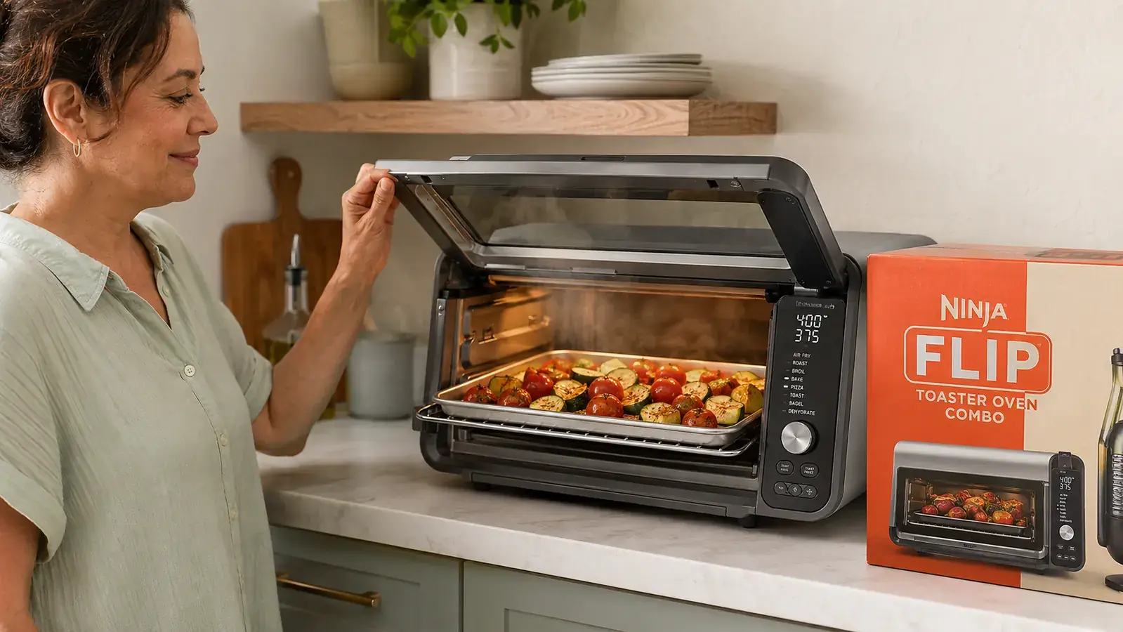 Ninja Flip Toaster Oven with door flipped up and a small sheet pan of roasted vegetables inside