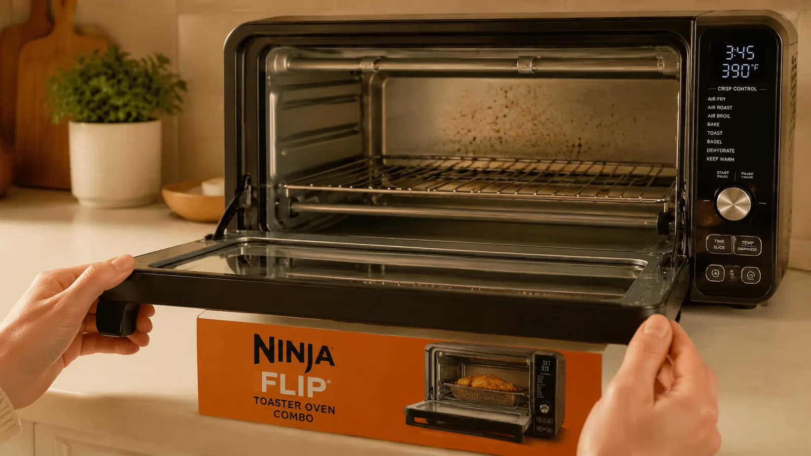 Interior of the Ninja Flip Toaster Oven showing grease splatters on the back wall after an air roast session with chicken thighs