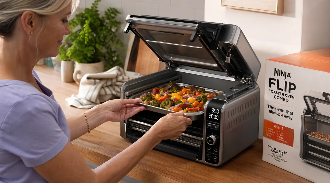 Hand sliding a small sheet pan of roasted vegetables into the Ninja Flip Toaster Oven with the door folded up out of the way