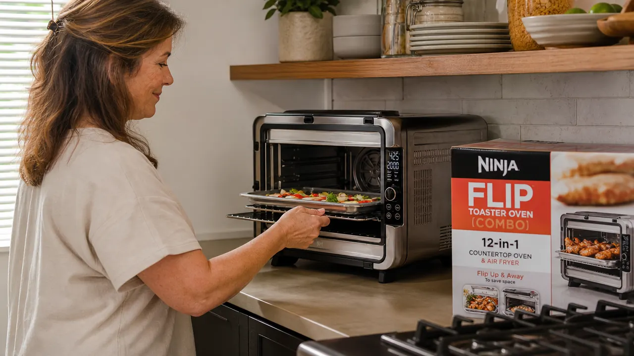 Ninja Flip Toaster Oven with door folded up showing the flip mechanism in a tight galley kitchen
