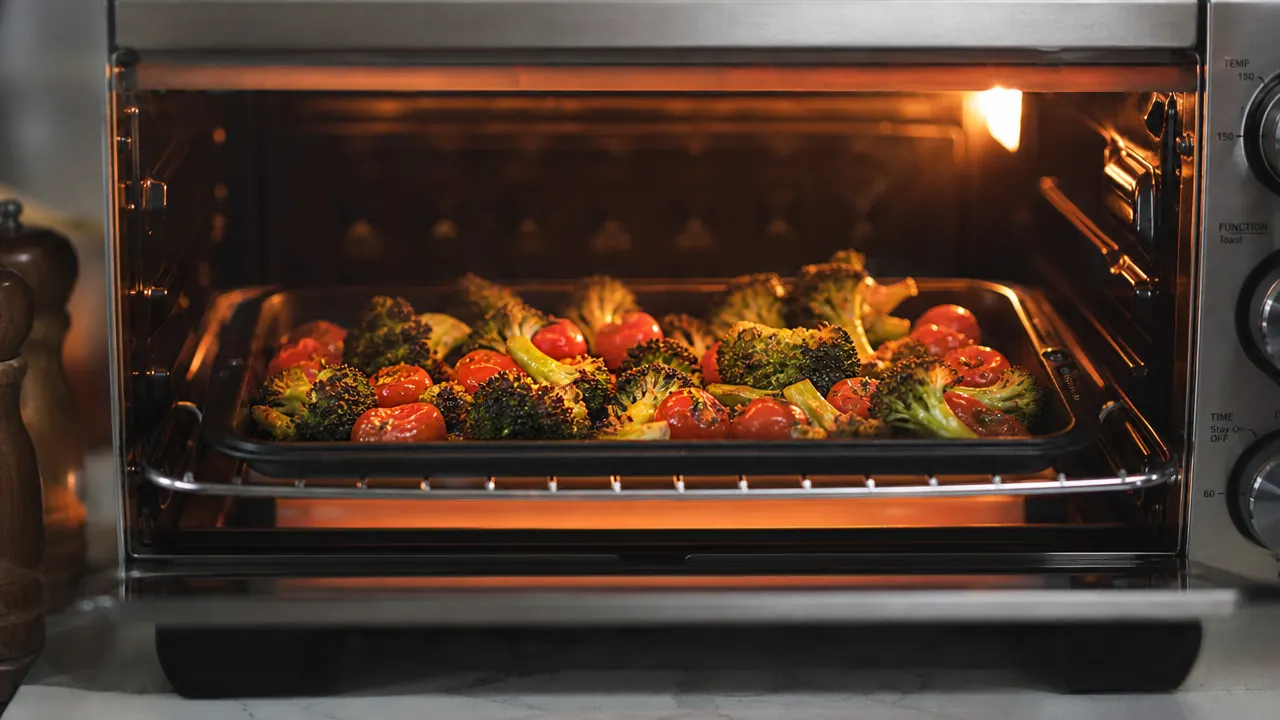 Golden-brown roasted vegetables on a small baking sheet inside a compact toaster oven